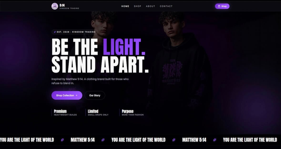 Kingdom Trading dark purple ecommerce website design with Be the Light headline
