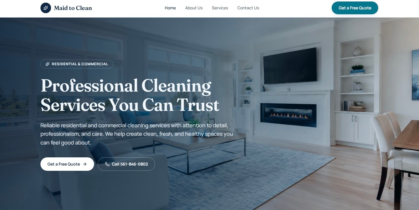 Maid to Clean professional cleaning services website design